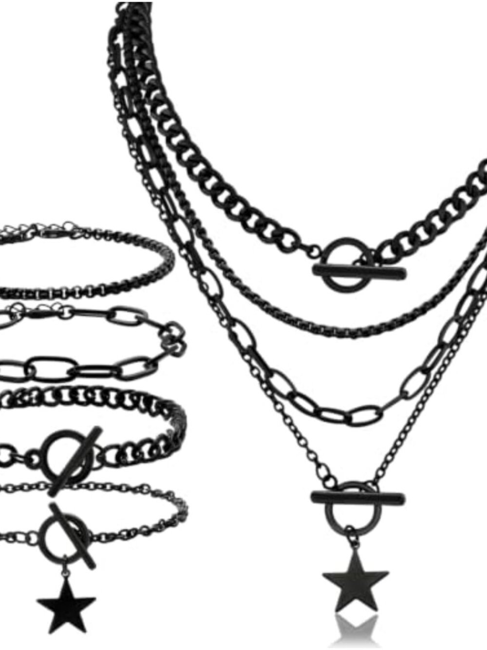 Layered Star Studded Punk Bracelet Set Goth Choker Necklace Spiked PU Leather